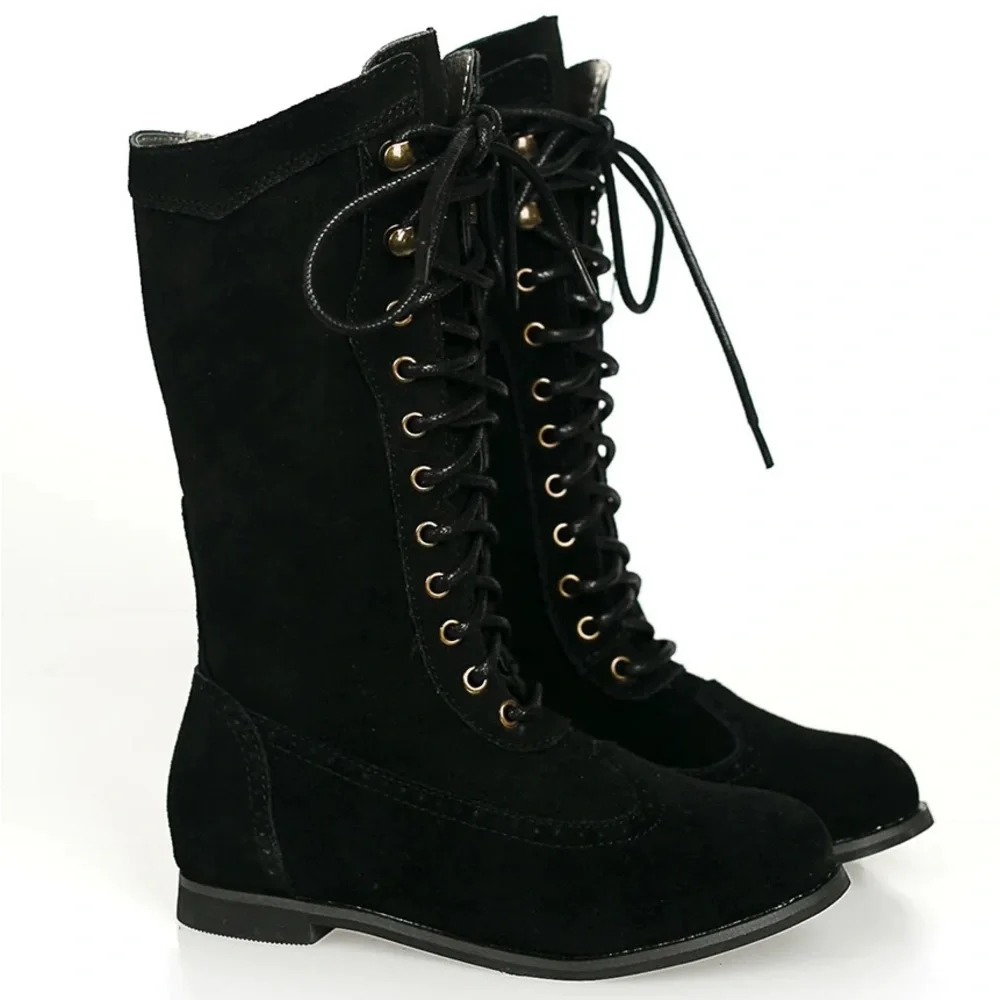 Kids Black Lace-Up Knee-High Boots